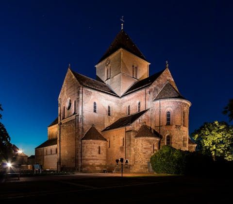 Münster Schwarzach - beeindruckend zu jeder Jahres- und Tageszeit - hier mit stimmungsvoller Nachbeleuchtung